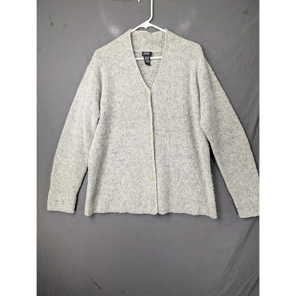 Eileen Fisher Wool Cashmere Blend Boucle Cardigan Sweater Grey Large